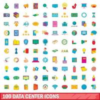 Ensemble de 100 icônes de centre de données, style cartoon vecteur