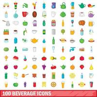 Ensemble de 100 icônes de boisson, style dessin animé vecteur