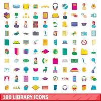 Ensemble de 100 icônes de bibliothèque, style cartoon vecteur