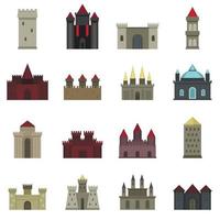 icônes de tours et de châteaux définies dans un style plat vecteur