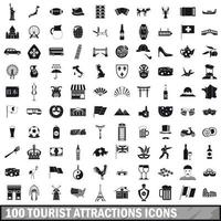 Ensemble d'icônes de 100 attractions touristiques, style simple vecteur