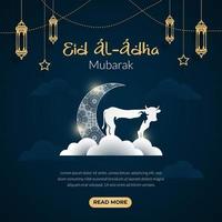 bannière de célébration joyeuse eid al adha mubarak avec effet de coupe de papier de lune et de chèvre de vache sur fond de couleur bleu nuit. eid al adha mubarak jour de célébration musulman vecteur
