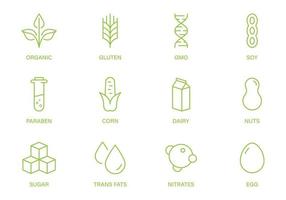 ogm, produits laitiers, sucre, gluten, noix, maïs, parabène, nitrates, gras trans, soja, lait et ligne d'oeufs ensemble de panneaux verts. icône de contour de produit alimentaire végétalien. logo de la ligne d'ingrédients allergiques biologiques. illustration vectorielle. vecteur