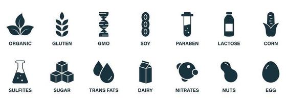 icône de jeu noir de silhouette d'ingrédient d'allergie biologique. sucre et maïs, ogm, produits laitiers, nitrates, gras trans, soja, lait, œuf, paraben, gluten et noix. produit alimentaire végétalien. illustration vectorielle isolée. vecteur