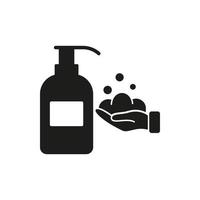 savon liquide antibactérien avec icône de silhouette de bouteille de pompage. concept de lavage des mains pictogramme noir. icône d'hygiène et de désinfection des mains. illustration vectorielle isolée. vecteur