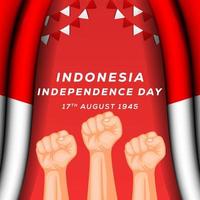 illustration de la fête de l'indépendance de l'indonésie avec les mains et le drapeau indonésien réaliste vecteur