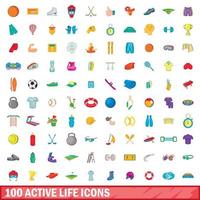Ensemble de 100 icônes de vie active, style cartoon