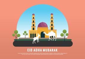 eid al adha calligraphie arabe pour musulman avec mosquée chèvre et chameau vecteur