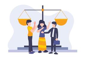 illustration vectorielle du thème du divorce, clients et avocats personnes style numérique plat avec loi sur l'équilibre. concept de métaphore du conflit