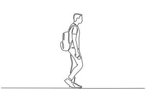 dessin continu d'une ligne d'homme marchant dans la rue. concept d'étudiant étudiant avec sac vecteur