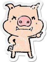 autocollant en détresse d'un cochon de dessin animé en colère vecteur