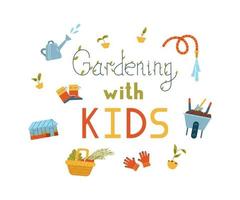 jardinage avec bannière vectorielle pour enfants. illustrations d'équipements et d'outils de jardinage, panier de légumes, semis. vecteur