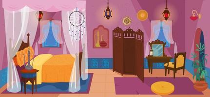 chambre à coucher traditionnelle du moyen-orient avec meubles et éléments de décoration. lit à baldaquin avec attrape-rêves, écran, lanternes, coiffeuse avec chaise, céramique, tapis, plante. vecteur de dessin animé.