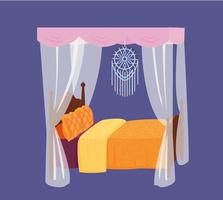 lit à baldaquin en bois avec oreillers colorés et capteur de rêves. élément intérieur. illustration de vecteur de dessin animé.