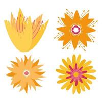ensemble d'icônes de fleur orange jaune plat en silhouette isolé sur blanc. joli design rétro aux couleurs vives pour autocollants, étiquettes, étiquettes, papier d'emballage cadeau. icônes de fleur turquoise en silhouette