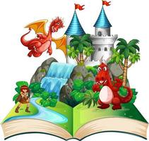 livre avec scène de dragon et chevalier vecteur
