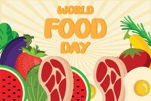 conception vectorielle d'arrière-plan du logo de la journée mondiale de l'alimentation, illustration d'un assortiment de fruits et d'aliments, conception d'affiche de célébration de repas vecteur