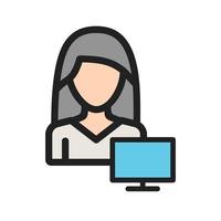 femme utilisant l'icône de ligne remplie de pc vecteur