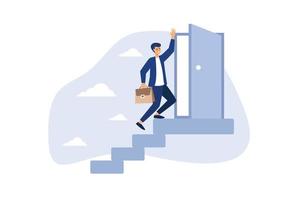 ouvrir une nouvelle porte d'opportunité, un développement de carrière ou une décision commerciale pour un nouveau concept secret de défi, de succès et de réussite, l'homme d'affaires atteignant le haut de l'escalier ouvre la porte d'opportunité de lumière vive. vecteur