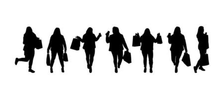 ensemble de silhouettes de femme commerçante avec des sacs. couleur noire. diverses poses. chiffre épais. illustration vectorielle. modèle de bannière, affiche, publicité, logo de magasin vecteur