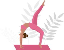 femme, yoga, asana, jambe, soulevé, sur, a, fond, de, feuilles, vecteur