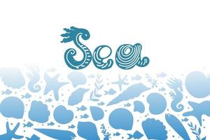 bannière avec des silhouettes de créatures marines sur fond blanc. conception pour la publicité touristique, pour les épiceries de fruits de mer. coquillages, poissons, palourdes et algues. griffonnages dessinés à la main dans le style de croquis.