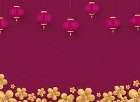 modèle pour une bannière, une affiche, une carte de vacances. fleurs dorées de cerisier et lanternes chinoises sur fond bordofom avec lettrage. illustration vectorielle.une place pour votre texte. vecteur