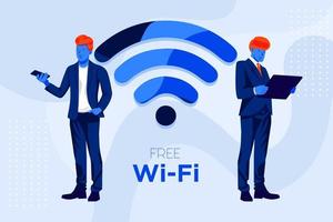 homme d'affaires utilisant un smartphone et une tablette avec la couleur bleue du symbole wi-fi gratuit. vecteur