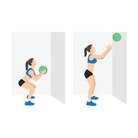 femme faisant de l'exercice de lancer de médecine-ball. illustration de vecteur plat isolé sur fond blanc. jeu de caractères d'entraînement