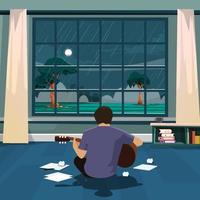 écrivain musical jouant de la guitare d'une vue arrière. en regardant une fenêtre sur une illustration de vecteur plat nuit lumineuse