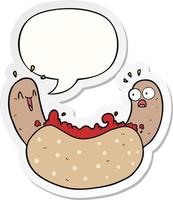 hot-dog de dessin animé et autocollant de bulle de dialogue vecteur