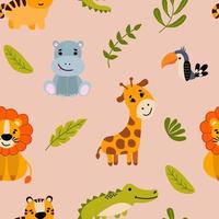 modèles sans couture avec des animaux dessinés à la main. lion, tigre, hippopotame, girafe et toucan. vecteur