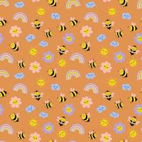 modèle sans couture d'abeille. jolies abeilles dessinées à la main, fleurs, nuages, arc-en-ciel, soleil. conception pour tissu, textile, papier peint, vecteur