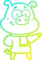 ligne de gradient froid dessinant un cochon de dessin animé heureux portant des vêtements froids vecteur
