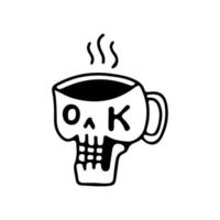 tasse à café crâne avec typographie ok dans les yeux, illustration pour t-shirt, autocollant ou marchandise vestimentaire. avec un style doodle, rétro et dessin animé. vecteur
