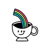 tasse de personnage de café avec arc-en-ciel, illustration pour t-shirt, vêtements de rue, autocollant ou marchandise vestimentaire. avec un style doodle, rétro et dessin animé. vecteur