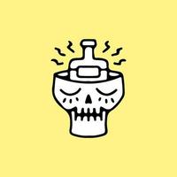 tête de crâne cassée avec bouteille de bière à l'intérieur, illustration pour t-shirt, vêtements de rue, autocollant ou marchandise vestimentaire. avec un style doodle, rétro et dessin animé. vecteur