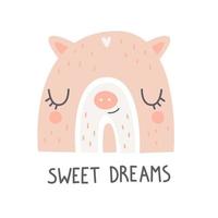 arc-en-ciel mignon avec visage de cochon et lettrage doux rêves. art de la pépinière. illustration vectorielle vecteur