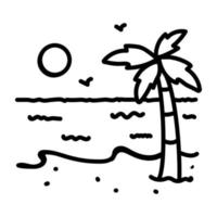 une icône d'un dessin de doodle de plage, palmier, soleil et eau vecteur