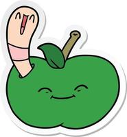autocollant d'un ver heureux de dessin animé dans une pomme vecteur