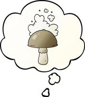 champignon de dessin animé avec nuage de spores et bulle de pensée dans un style dégradé lisse vecteur