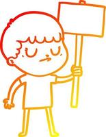 ligne de gradient chaud dessinant un garçon grincheux de dessin animé avec une pancarte vecteur