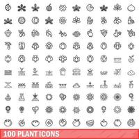 Ensemble de 100 icônes de plantes, style de contour vecteur