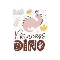 jolie carte de voeux pour enfants vectoriels avec dinosaure et texte de bébé princesse dino. et plante, fleur, nuage. illustration de style scandinave de dessin animé dino girl. pour la fête des enfants vecteur