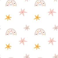 mignon vecteur bébé fille modèle sans couture avec étoiles dessinées à la main et arc-en-ciel. illustration de fond enfantine créative pour tissu, textile
