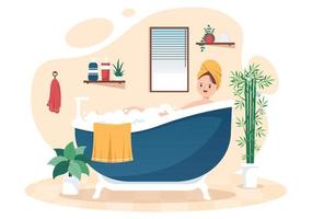 illustration de fond intérieur de meubles de salle de bains modernes avec une fille prenant un bain dans la baignoire dans un style de couleur plate vecteur