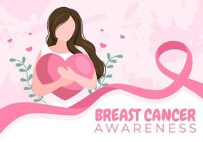 illustration de dessin animé de fond du mois de sensibilisation au cancer du sein avec ruban rose et femme pour la campagne de prévention des maladies ou les soins de santé