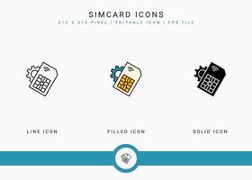 les icônes de carte sim définissent une illustration vectorielle avec un style de ligne d'icône solide. concept de puce nano de téléphone. icône de trait modifiable sur fond isolé pour la conception Web, l'interface utilisateur et l'application mobile vecteur