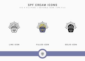 les icônes de crème spf définissent une illustration vectorielle avec un style de ligne d'icône solide. concept de protection contre les ultraviolets. icône de trait modifiable sur fond blanc isolé pour la conception Web, l'interface utilisateur et l'application mobile vecteur