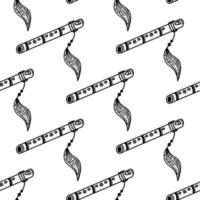 modèle vectoriel continu de flûte pimak. instrument de musique en bois dessiné à la main décoré de plumes, de perles. tuyau indien isolé sur fond blanc. toile de fond monochrome pour le web, emballage
